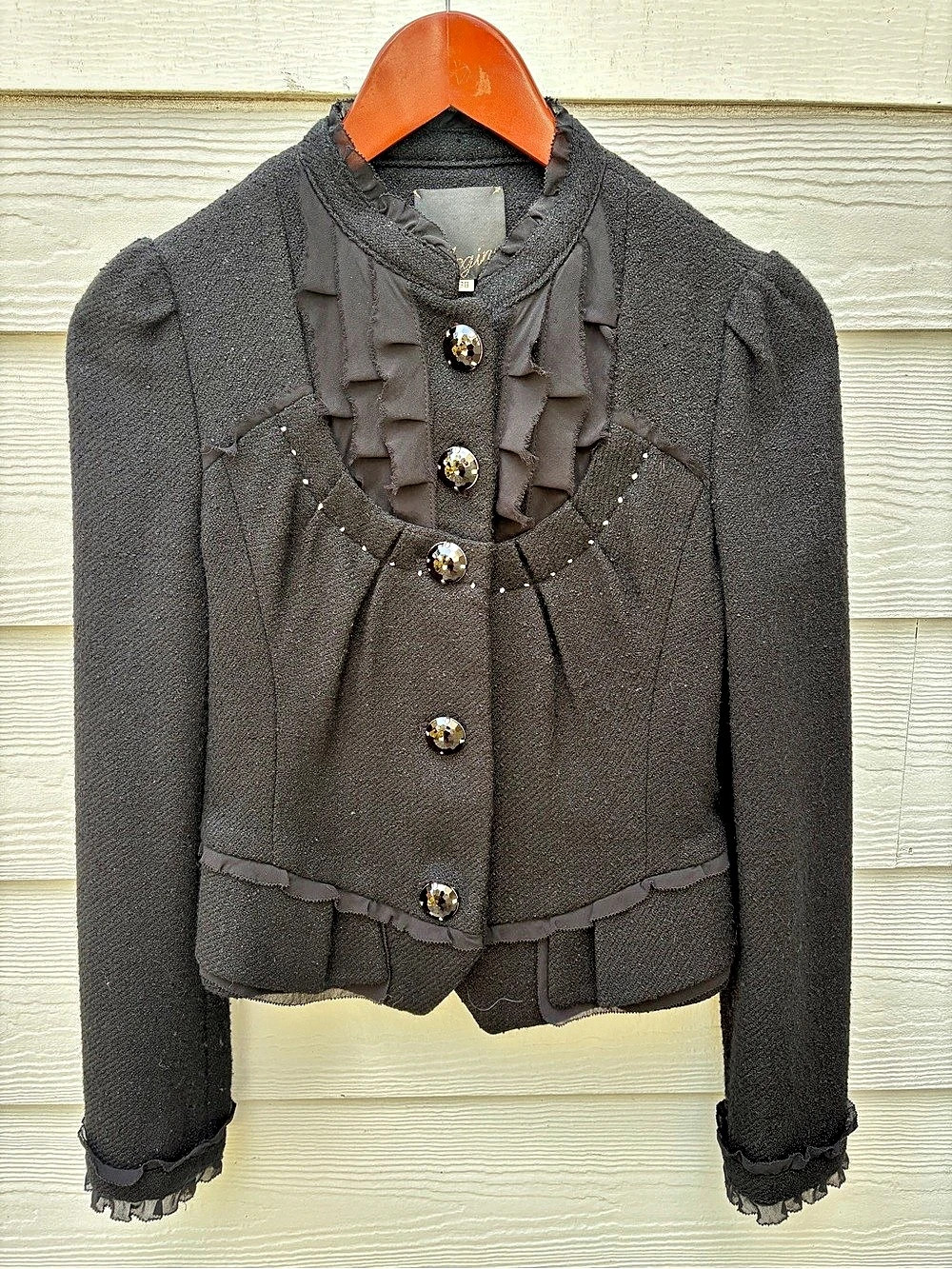 Black Ruffle Trim Cropped Jacket Like New
